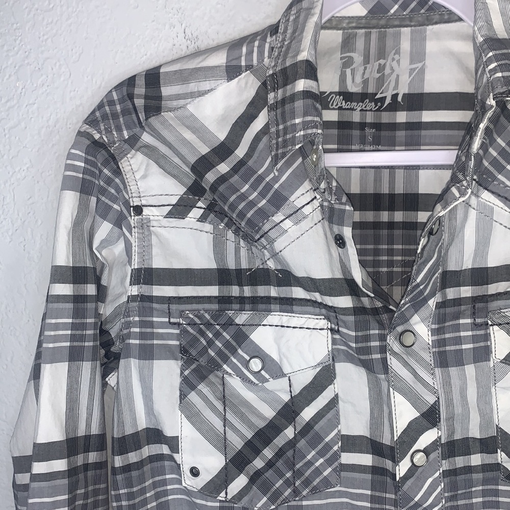 Rock 47 Wrangler Gray White Plaid Western Pearl Snap Shirt Long Sleeve Small - Picture 6 of 9